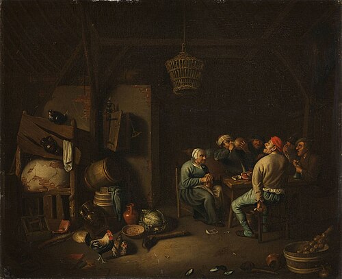 Interior of a barn with a company at table (twelfth night), 1650, 