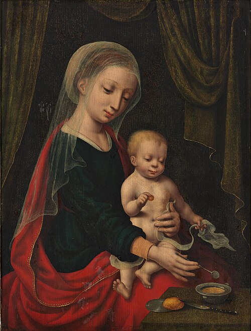 Mary feeding her child from a tin cup, 1525, 