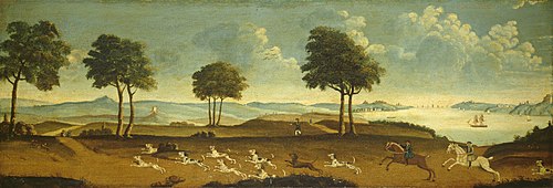 Hunting Scene with a Harbor, 1750, 