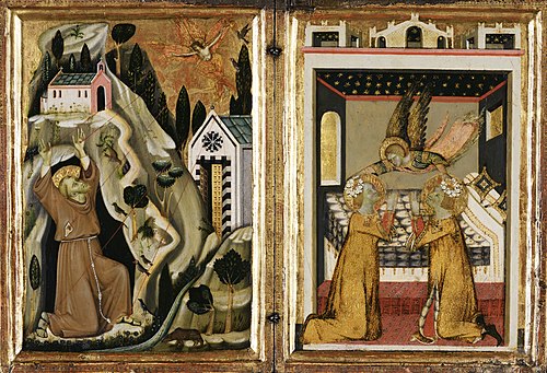 The Stigmatization of St. Francis, and Angel Crowning Saints Cecilia and Valerian, 1330, 