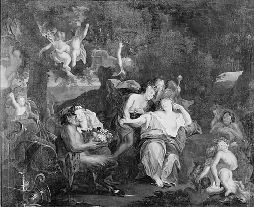 Bacchus og Ariadne sidder sammen i et landskab omgivne af amoriner, bacchantinder og satyrer, , 