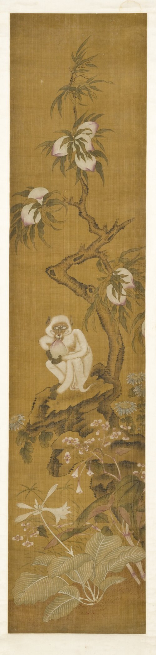 Monkey in a Peach Tree, One-panel Folding Screen, 1750, 