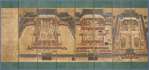 Screen of Banquets for Dowager Queen Sinjeong in Gyeongbokgung Palace Eight-panel Folding Screen, 1868, 