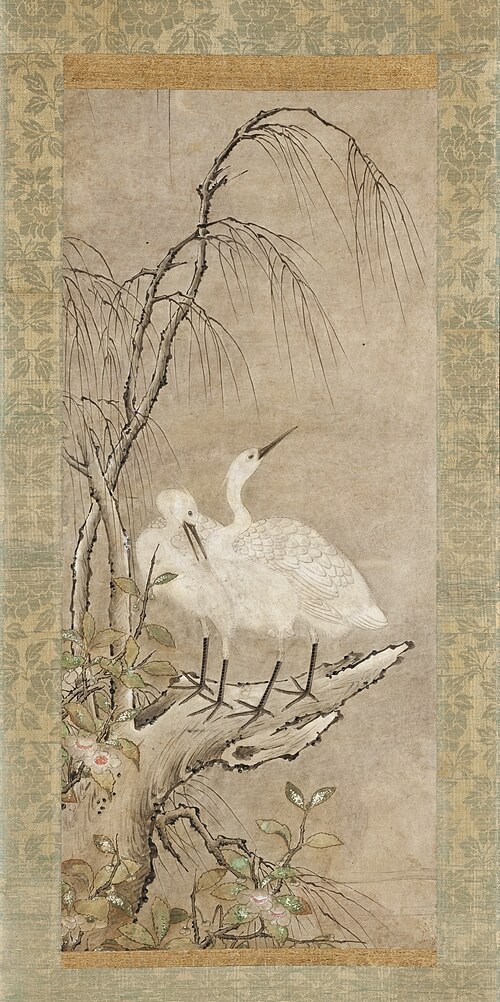 Winter Landscape of Two Herons, Willow, and Tea Plants Blossoms, 1550, 