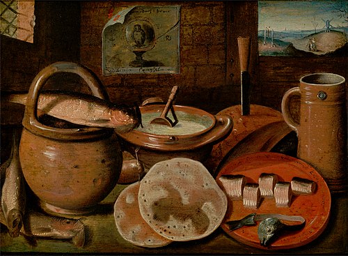 Still Life with a Poor Man's Meal of Porridge, Cheese, Herring and Pancakes, 2000, 