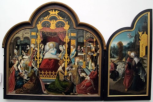 Triptyque: centre. LA naissance de la Sainte Vierge., 1520, 