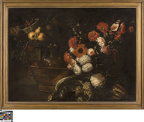 Still life of flowers, fruits, vegetables and ornamental tableware, 1667, 