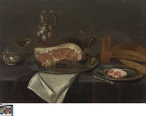 Still life with ham, mustard pot, and stoneware jug, 1601, 