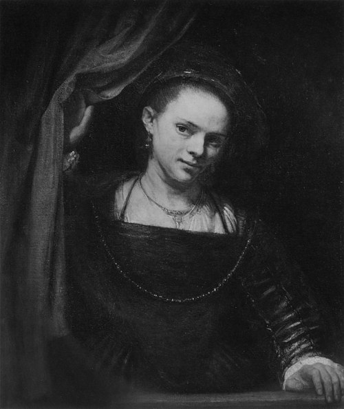 Girl at a Window holding a Curtain, 1660, 