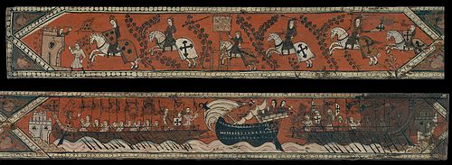 Coffered ceiling panel with knights, galleys and a boat with a high gunwale, , 