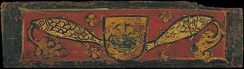 Small coffered ceiling panel with coat of arms and fishes devouring plant motifs, , 