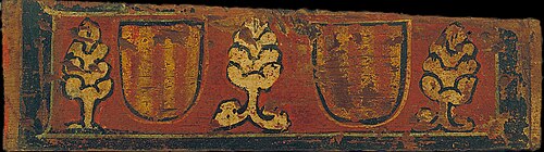Small coffered ceiling panel with striped coats of arms of the House of Barcelona and plant motifs, , 