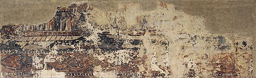 Naval battle between a Christian galley and a Saracen galley, profane paintings from Sigena, 1200, 