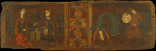Small coffered ceiling panel with scenes of gallantry and dancing, 1300, 