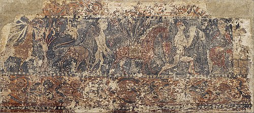 Profane paintings from Sigena: Deer eating fruit from a tree, lion holding a naked man and dismounte, 1200, 