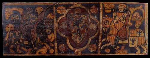 Coffered ceiling panel with a knight of the House of Anjou struck down by a knight with the coat of , , 