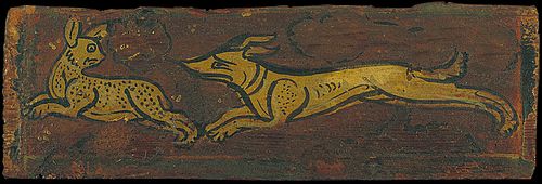 Small coffered ceiling panel with a dog pursuing a hare, 1300, 