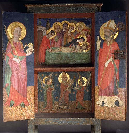 Liturgical cabinet with the Holy Burial, Saint Agnes and a Bishop Saint, 1400, 