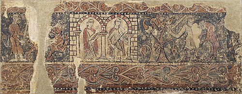 Lady and minstrel in a palace and lion attacking a soldier, profane paintings from Sigena, 1200, 