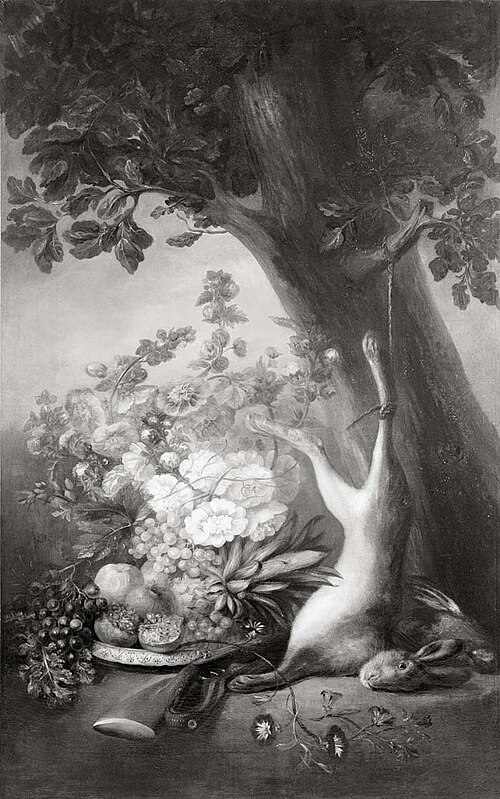 Schoorsteen fragment en schoorsteenstuk: jachtstilleven met bloemen en vruchten, 1775, 