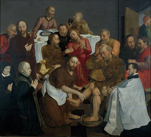 The washing of Peter's feet by Christ, with portraits of the Borre van Amerongen family, 1585, 