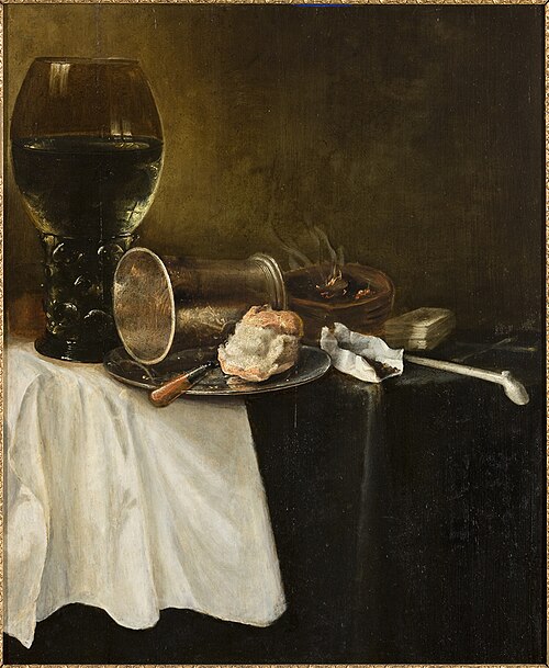 Stilleven met roemer, bord en mes, 1630, 