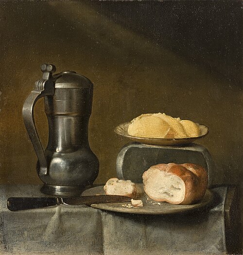 Still-life with tin can, bread and cheese, 1641, 