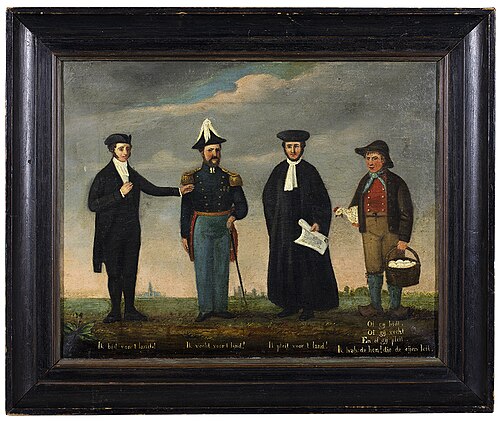 Een predikant, een officier, een advocaat en een boer met een kip op de arm, 1825, 