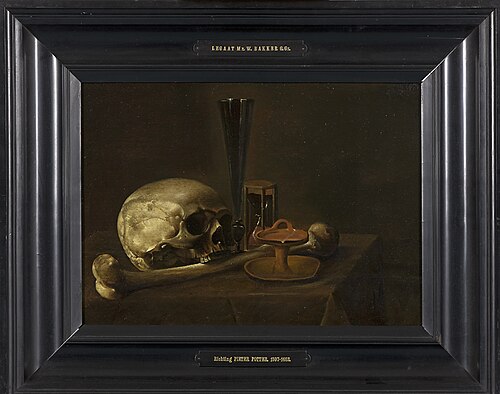 Stilleven met doodskop bij glas, zandloper en lamp, 1640, 