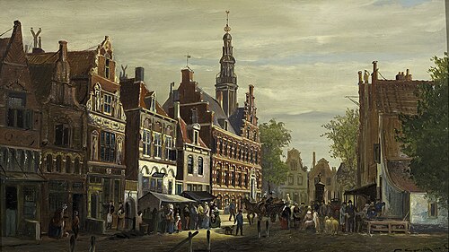 Kopie/vervalsing van: De markt en het stadhuis te Franeker bij zomer, 1861, 