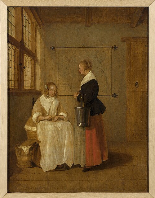 Interior with a seated woman, giving money to her maidservant, 1622, 