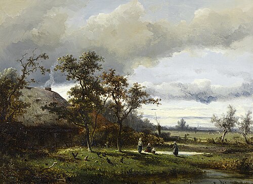 Landschap, drie vrouwen op bleekveld, 1866, 