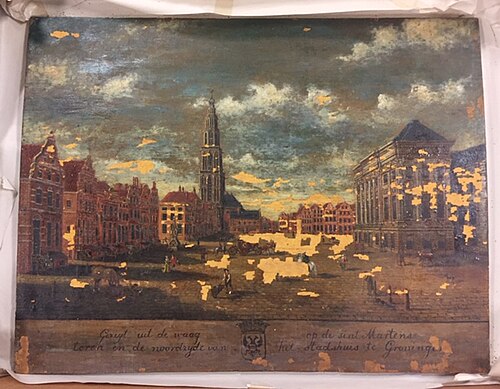 Gezicht uit de Waag op de St. Maartenstoren en de noordzijde van het stadhuis te Groningen, 1850, 
