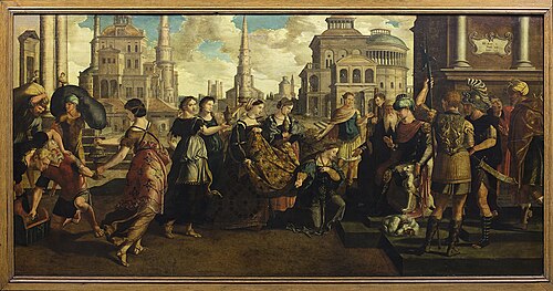 The Queen of Sheba comes before Solomon with a large following bringing numerous gifts (1 Kings 10:1, 1536, 