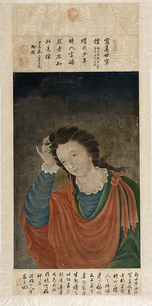 Chinese hangrol waarop afgebeeld een westerse dame met een bloem in haar opgeheven rechterhand, 1750, 