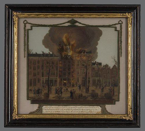 Achterglasschilderij 'brand in brouwerij De Rode Leeuw aan het Haringvliet', 1777, 