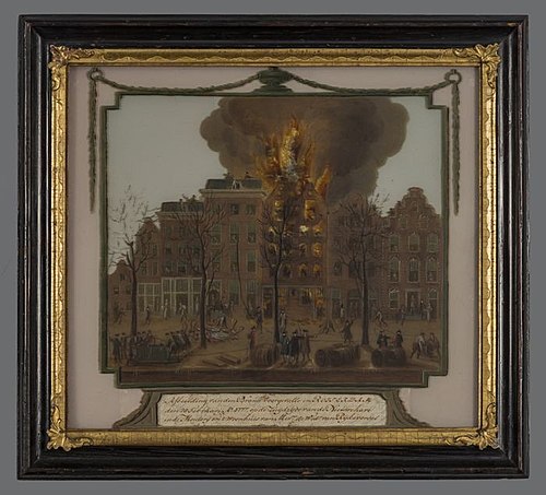 Achterglasschilderij 'brand in brouwerij De Rode Leeuw aan de Nieuwehaven', 1777, 