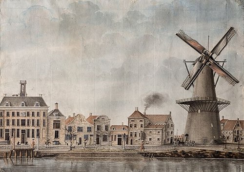 Gezicht op de Achterhaven te Delfshaven met molen De Waakzaamheid, met mechaniek, 1800, 