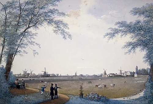 Polderlandschap te Hillegersberg, op achtergrond vele molens en schepen, 1840, 