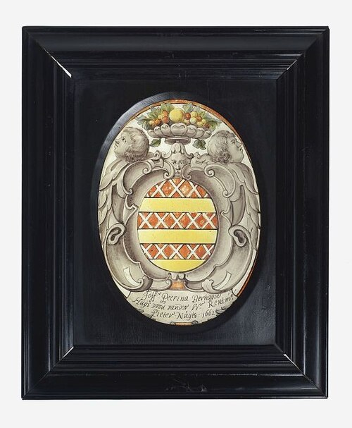 Ingelijste schildering op glas met wapen van Peerina Bernagie, 1662, 