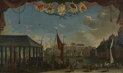 Gezicht op de Korenbeurs aan het Steiger, met vijf wapenschilden boven de voorstelling, 1769, 