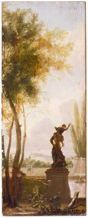 Behangsel verlijmd op kast-deurpaneel met voorstelling parklandschap met standbeeld van Hercules en , 1760, 
