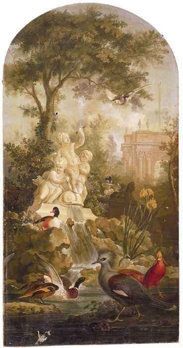 Schoorsteenstuk met voorstelling van tuin met fonteinen, sfinx en verschillende vogels, op achtergro, 1788, 