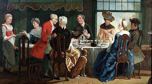 Gezelschap aan tafel, getiteld 'De Baarspartij', in vergulde lijst, 1770, 