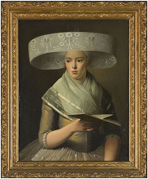 Portret van een onbekende vrouw met Duitse muts, boek in de hand, 1800, 
