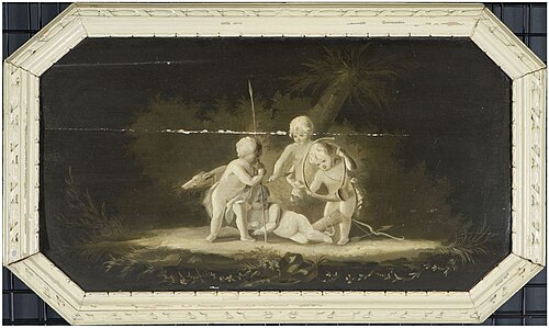 Vier putti met hond, pijlen, boog en hoorn, 1849, 