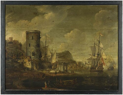 Italiaans havengezicht met bergachtig landschap, 1664, 