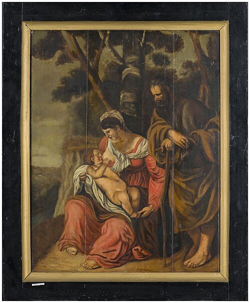 Bijbelse voorstelling met Maria met kind op schoot en Jozef, 1699, 