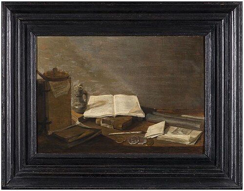 Stilleven van boeken, papieren, munten, 1699, 