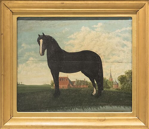 Zwart paard met witte bles en witte rechterachtervoet, achtergrond toren Akkrum, 1834, 